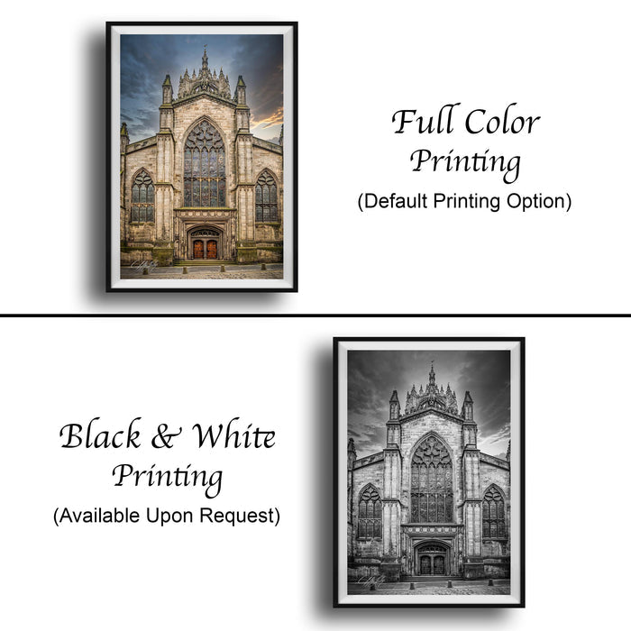 The image is a collage of two framed pictures, one in black and white and the other in full color. The black and white picture depicts a large cathedral, while the full color picture shows the same cathedral in a more vibrant and detailed manner. Both pictures are available upon request.