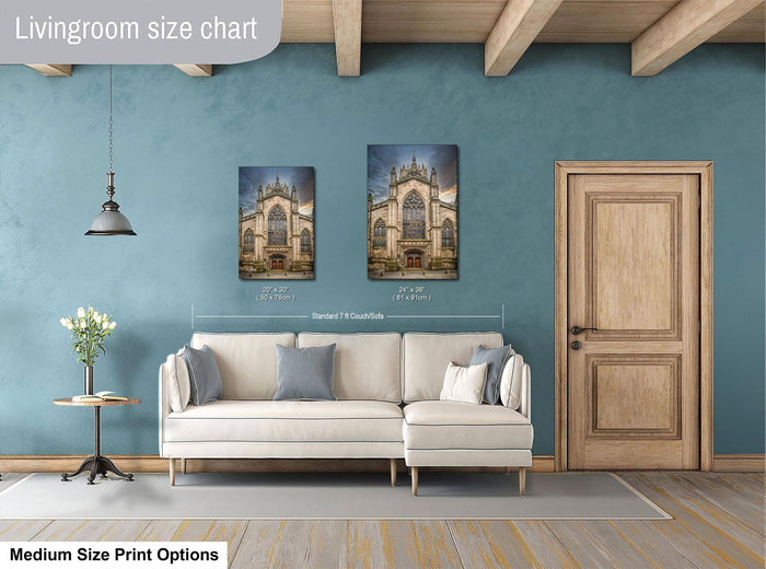 a living room with a white sofa, a wooden door, and a painting of a cathedral on the wall.