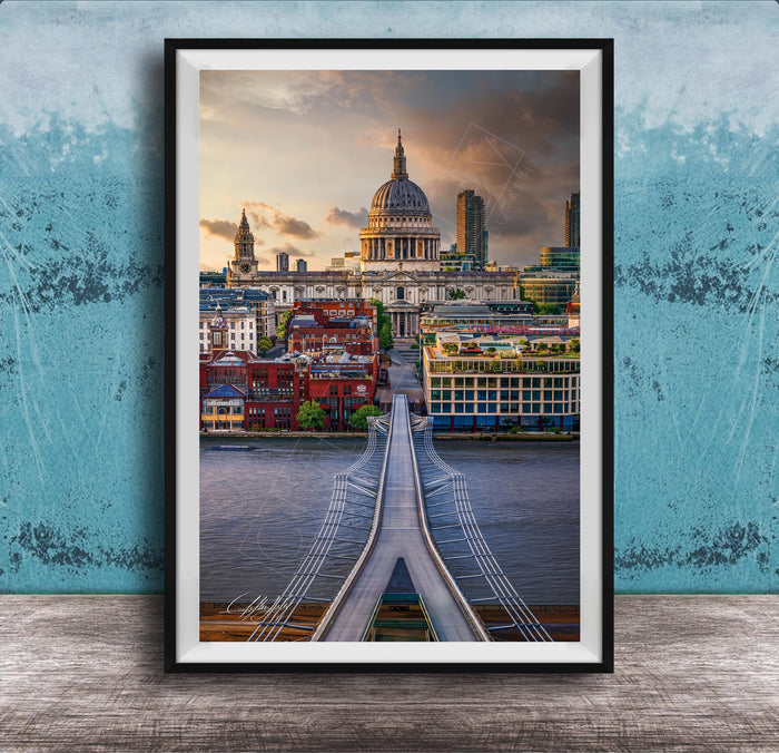 a cityscape with a bridge spanning across a river, surrounded by tall buildings and a domed structure, likely a cathedral or other significant landmark.