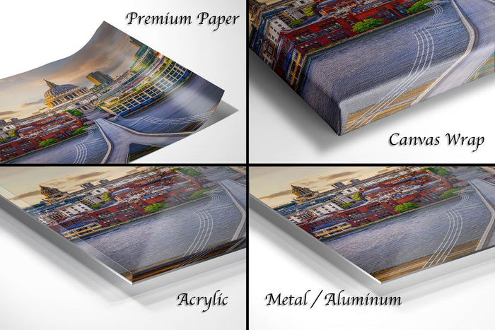 The image is a collage of four different views of a cityscape, each with a distinct perspective and angle. The collage includes a close-up view of the city's skyline, a panoramic view of the city, a side view of the city, and a top-down view of the city. The collage is labeled as "Premium Paper", "Canvas Wrap", "Acrylic", and "Metal/Aluminum" to describe the materials used in the artwork.