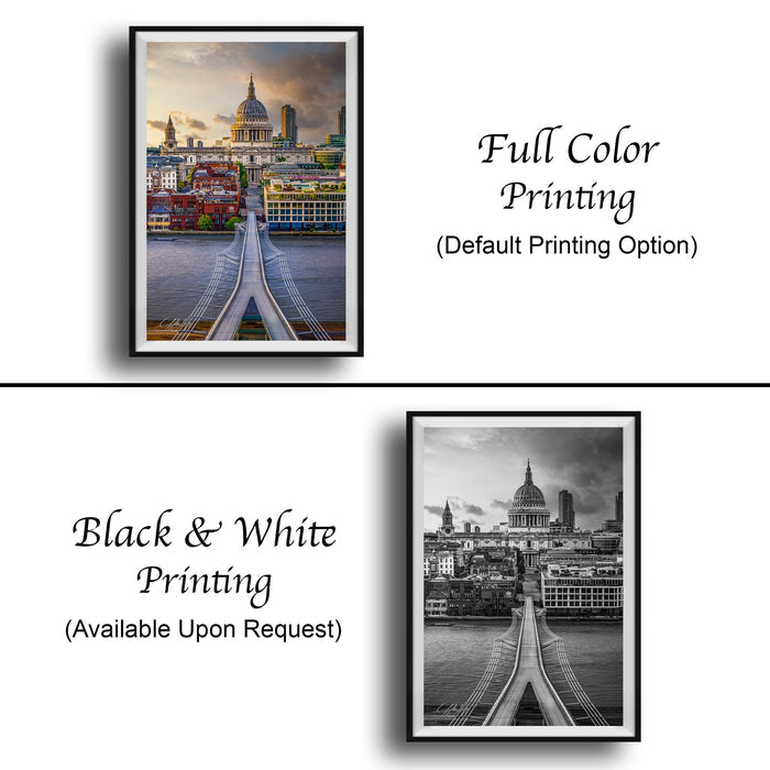 The image is a collage of two framed pictures. The top picture is a full color print of a cityscape with a bridge, while the bottom picture is a black and white print of the same cityscape. Both pictures are framed and available upon request.