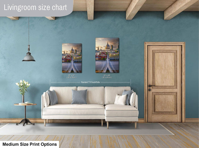a living room with a white sofa, a wooden door, and a painting of a cityscape on the wall.