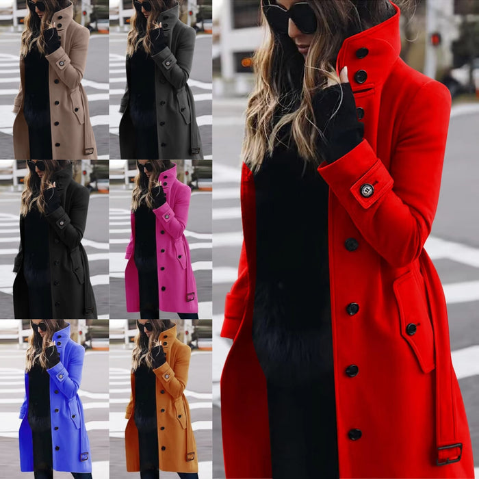 Stand-Collar Slim Woolen Coat