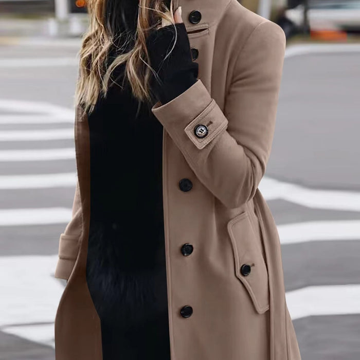 Stand-Collar Slim Woolen Coat