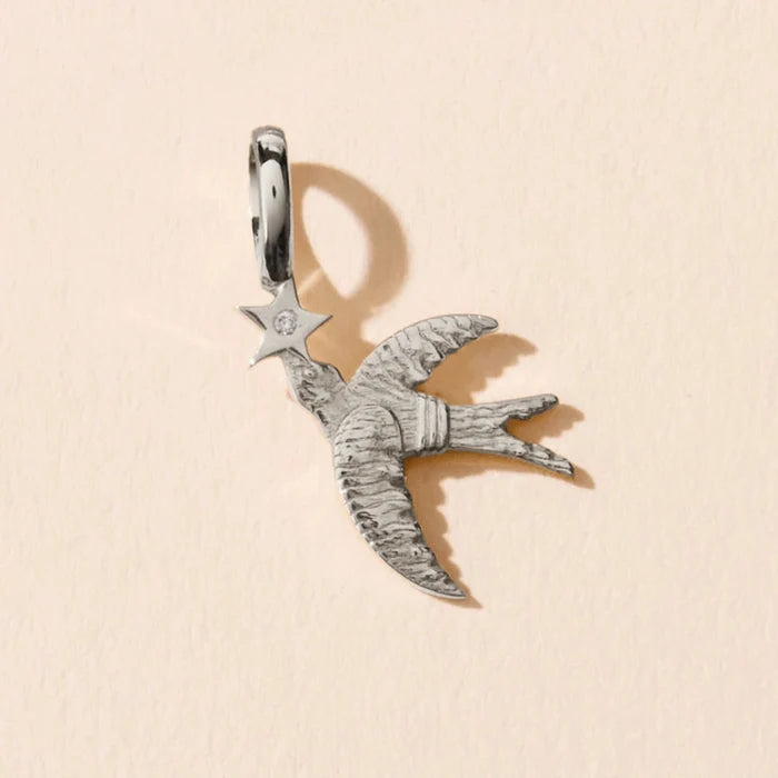 A silver pendant shaped like a flying swallow holding a five-pointed star, with a small clear stone set in the center of the star, shown on a beige background.