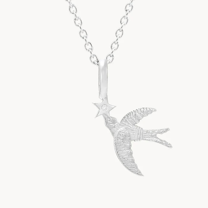 A silver pendant shaped like a flying swallow holding a five-pointed star, with a small clear stone set in the center of the star, hung on a silver cable chain on plain off-white background.