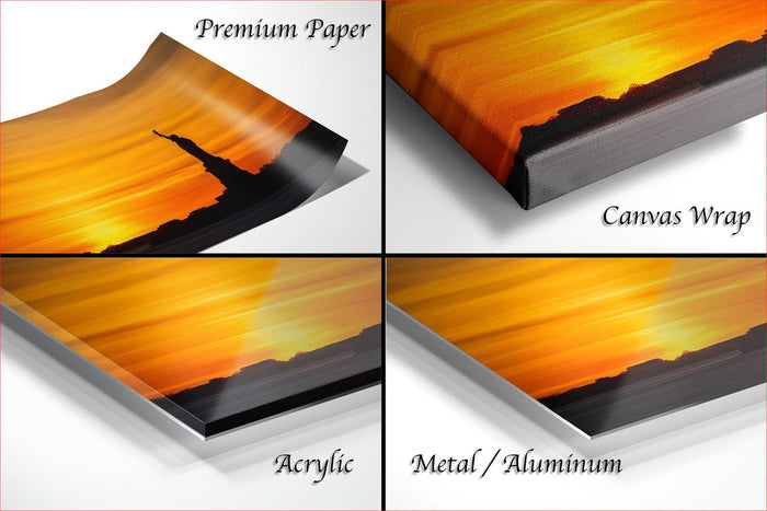 The image is a collage of four different images, each depicting a sunset scene. The images are labeled as "Premium Paper", "Canvas Wrap", "Acrylic", and "Metal/Aluminum".