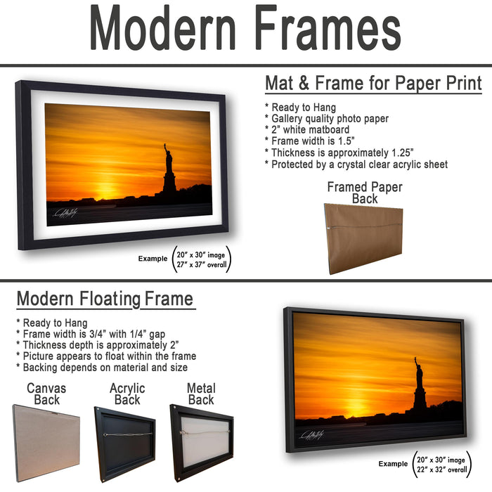 The image is a collage of two framed artworks, one of which is a modern floating frame and the other is a mat and frame for paper print.