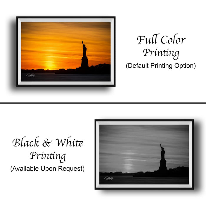 The image is a collage of two framed pictures, one in black and white and the other in full color. The black and white picture depicts the Statue of Liberty silhouetted against the sky, while the full color picture shows the same iconic landmark in vibrant hues. Both pictures are framed and available upon request.