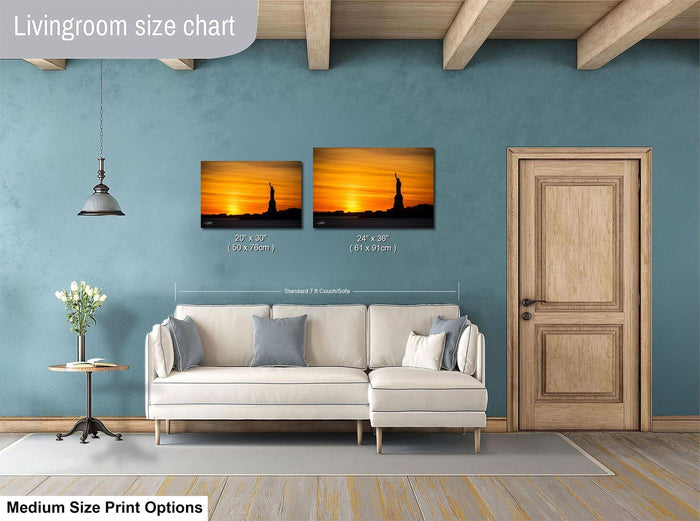 a living room with a white sofa, a wooden door, and a painting of the Statue of Liberty on the wall. The living room has a blue wall and a wooden floor.