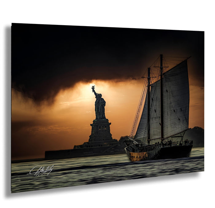 Statue of Liberty Print, NYC Sunset Sailboat Silhouette Wall Art