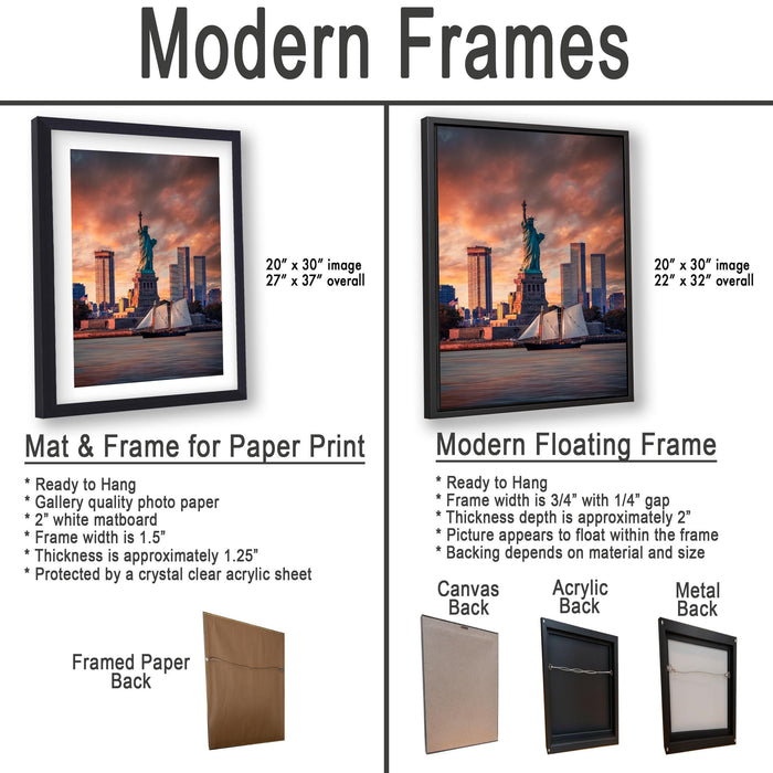 The image is a comparison of modern framed prints and modern floating frames for displaying artwork. It features two framed prints and two framed floating frames, each with different characteristics and designs.