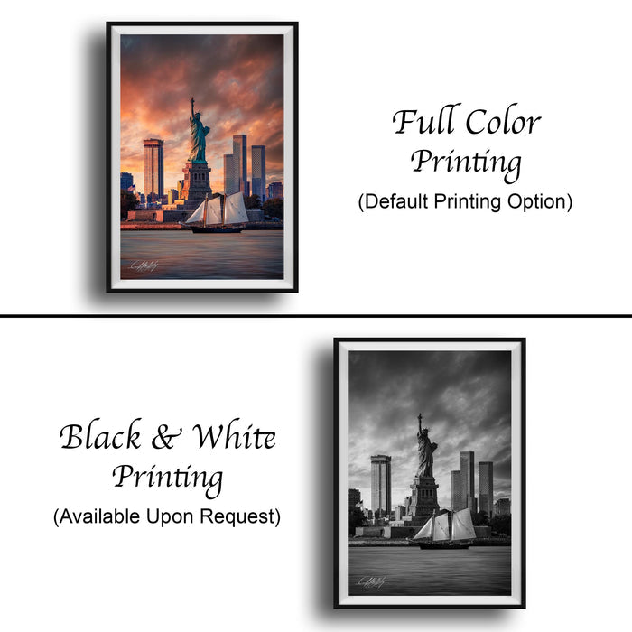 The image is a collage of two framed pictures. The top picture is a full color print of the Statue of Liberty, while the bottom picture is a black and white print of the same iconic landmark. Both pictures are framed and available upon request.