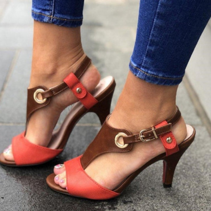 Stiletto Mid-Heel Peep-Toe Buckle Sandal