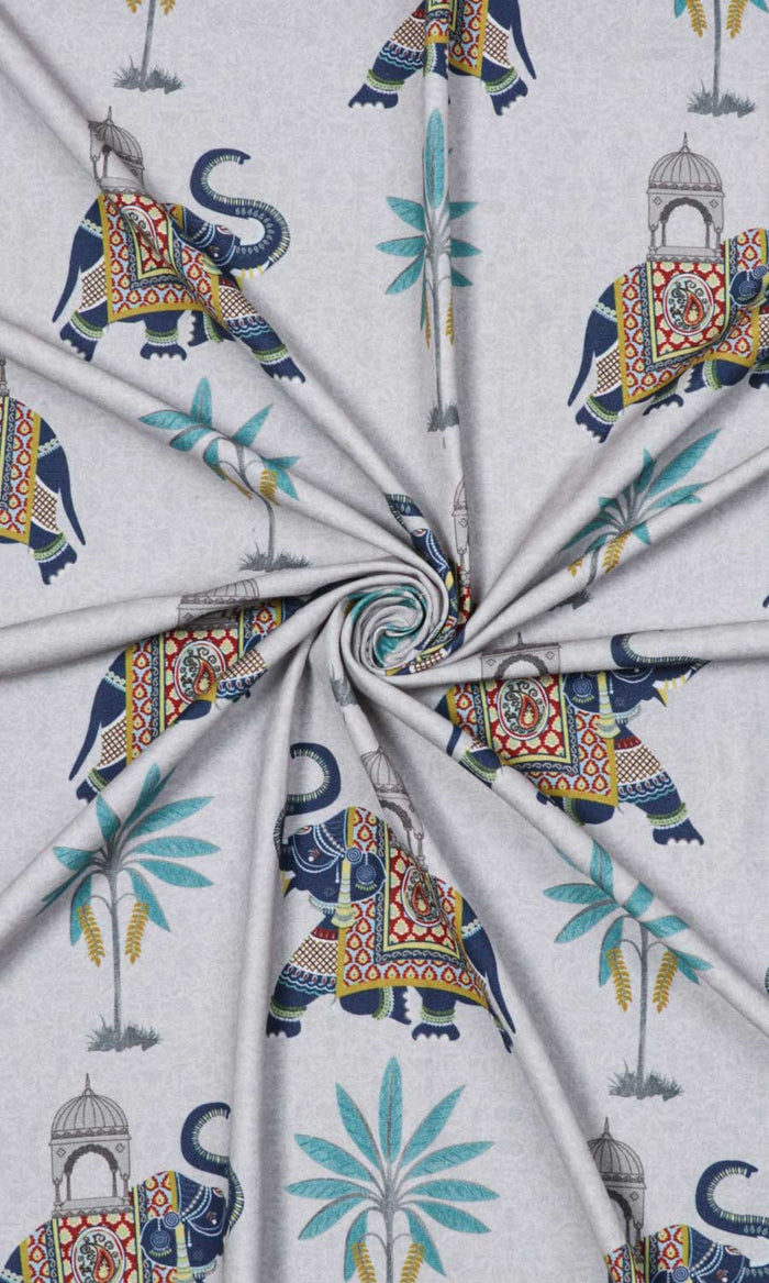Printed Cotton Fabric By the Metre for Curtains & Drapes (Grey/ Blue)