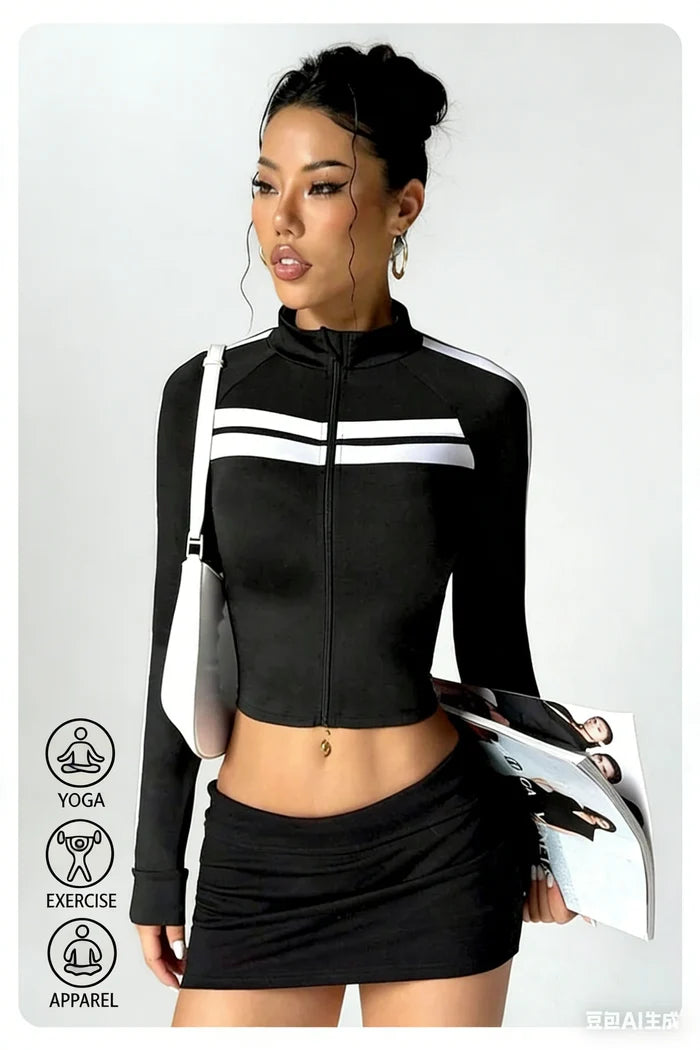 Striped Zip-Up Long Sleeve Crop Top