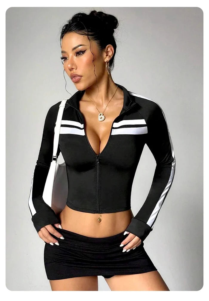 Striped Zip-Up Long Sleeve Crop Top
