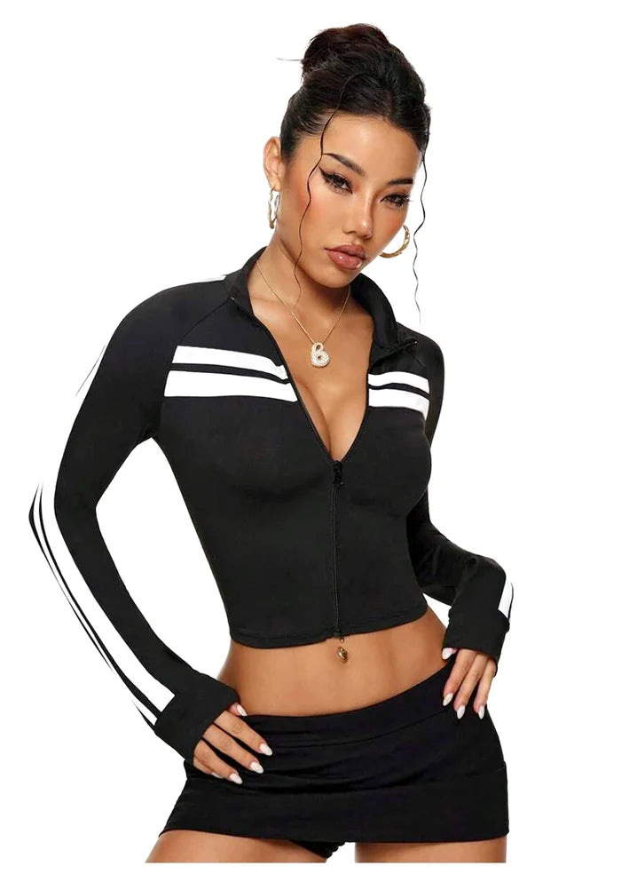 Striped Zip-Up Long Sleeve Crop Top
