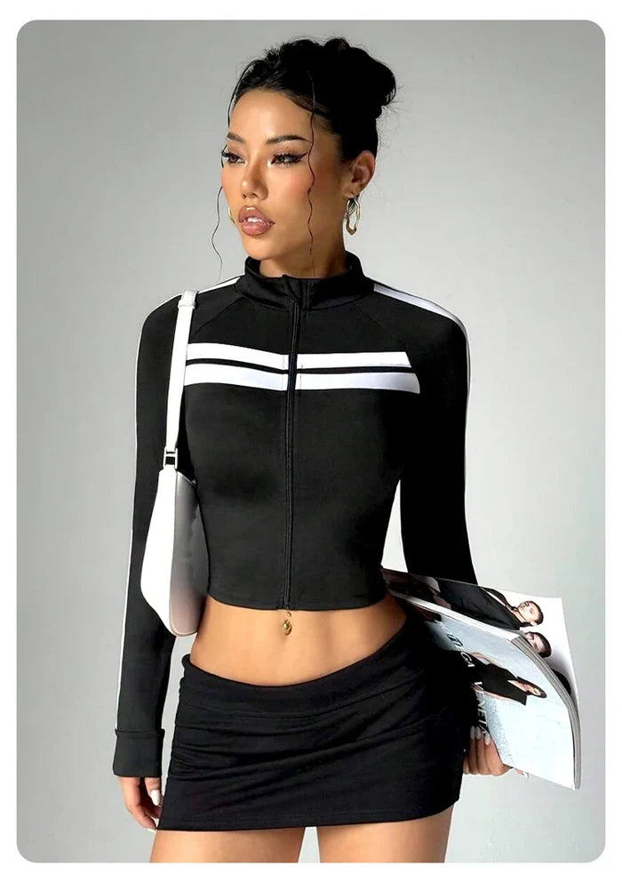 Striped Zip-Up Long Sleeve Crop Top