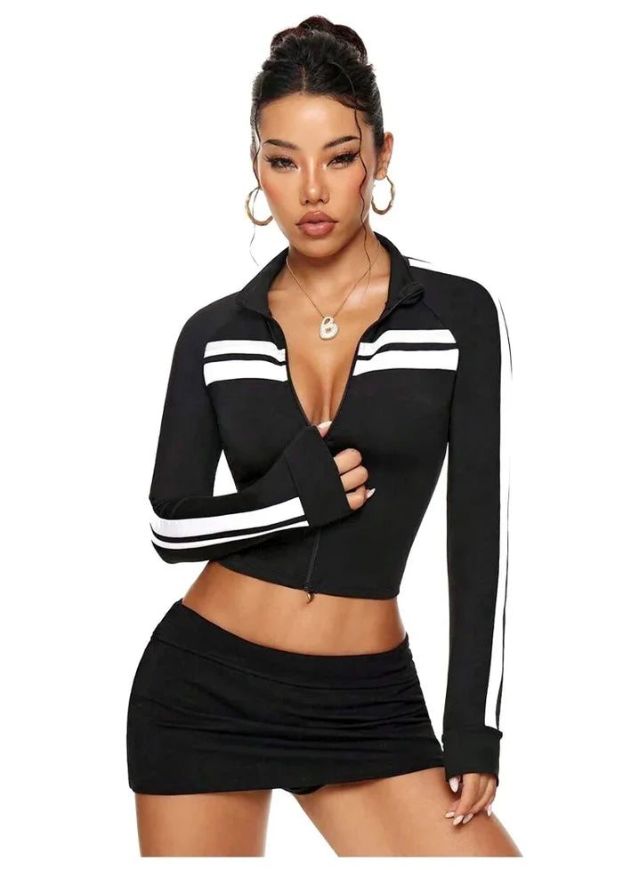 Striped Zip-Up Long Sleeve Crop Top