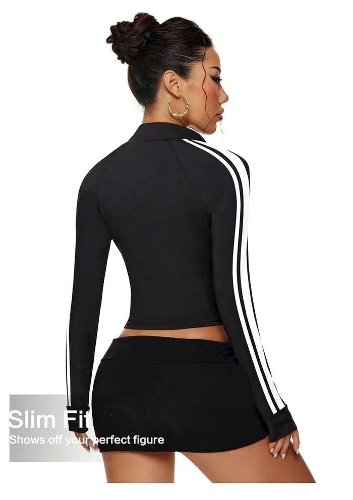 Striped Zip-Up Long Sleeve Crop Top