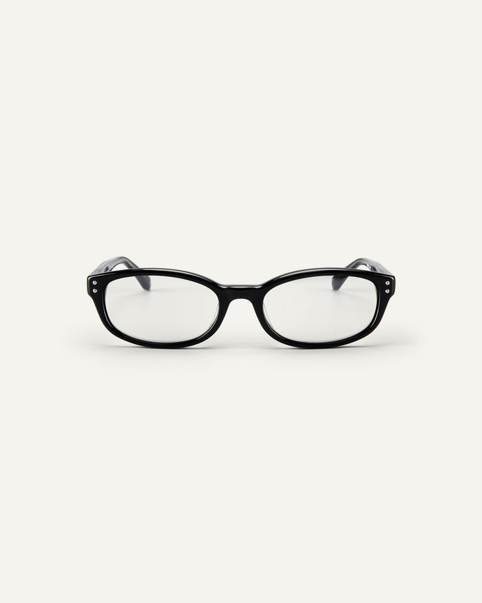 Face shot of Bonnie Clyde Sudoku optical frames in black with clear lenses.