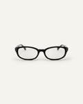 Face shot of Bonnie Clyde Sudoku optical frames in black with clear lenses.