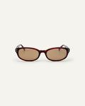 Face shot of Bonnie Clyde Sudoku sunglasses in red tortoise with brown lenses.