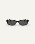 Face shot of Bonnie Clyde Sudoku sunglasses in black with black lenses.