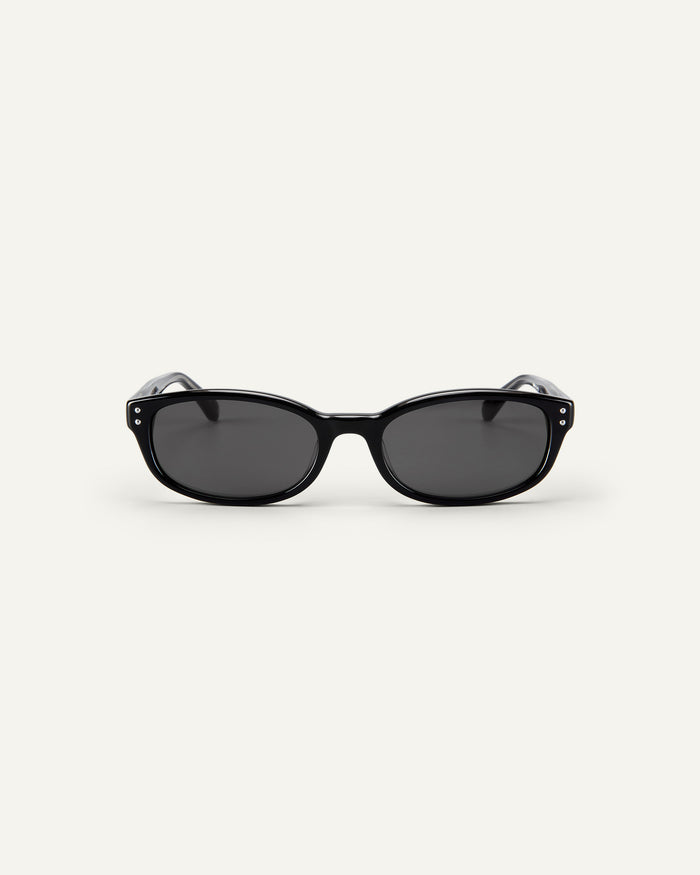 Face shot of Bonnie Clyde Sudoku sunglasses in black with black lenses.