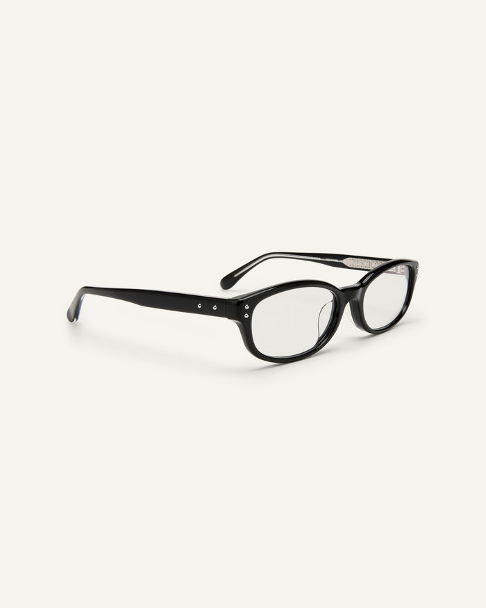 Side shot of Bonnie Clyde Sudoku optical frames in black with clear lenses.