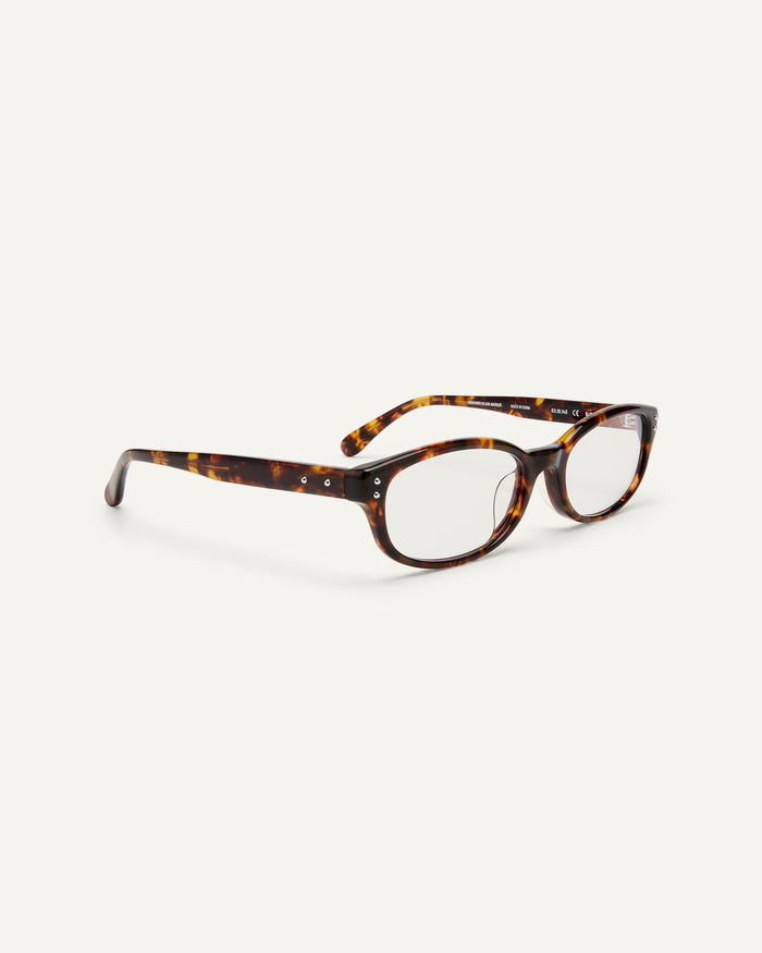 Side shot of Bonnie Clyde Sudoku optical frames in tortoise with clear lenses.