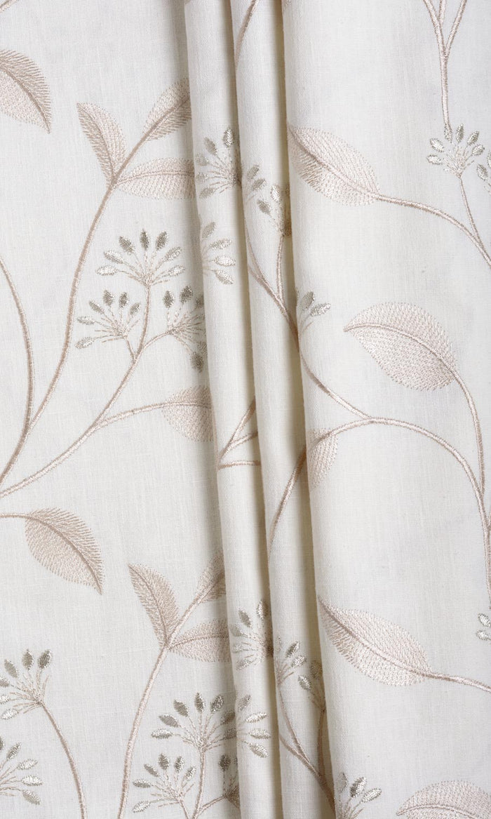 Floral Embroidery Fabric By the Metre for Curtains & Drapes (White/ Cream)