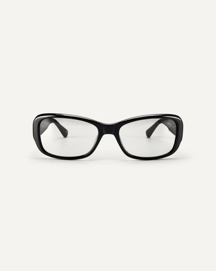 Face shot of Bonnie Clyde Sugar optical frames in black with clear lenses.