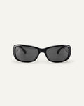 Face shot of Bonnie Clyde Sugar sunglasses in black with black lenses.