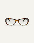 Face shot of Bonnie Clyde Sugar optical frames in tortoise with clear lenses.