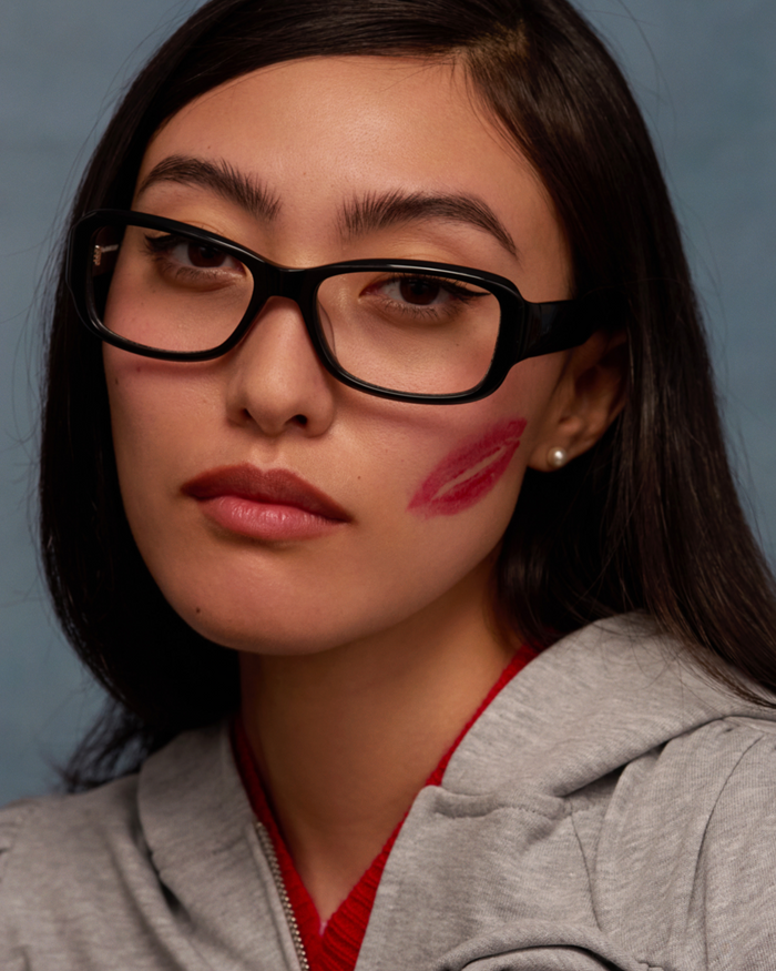 Quarter shot of Bonnie Clyde Sugar optical frames in black with clear lenses.