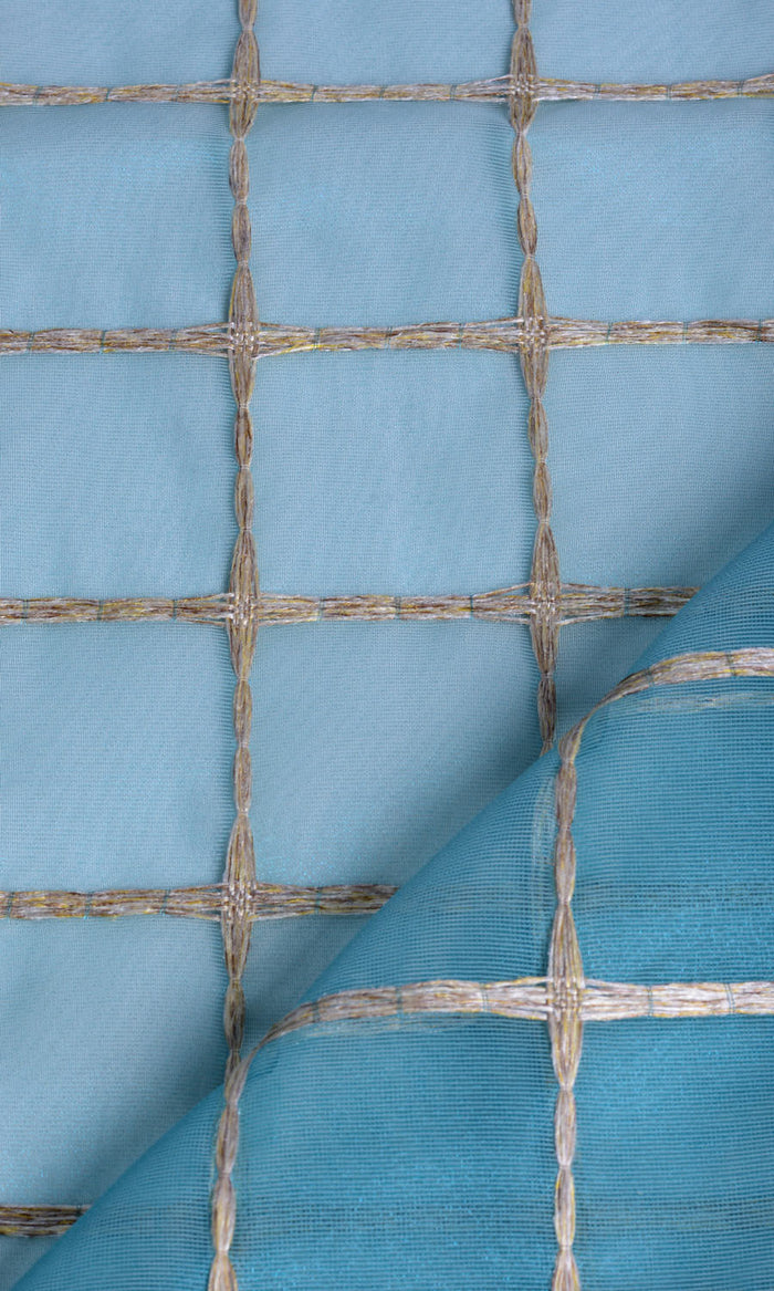 Embroidered Check Sheer Drapes for Living, Bedroom, Kitchen, Bathroom (Blue and Gold)