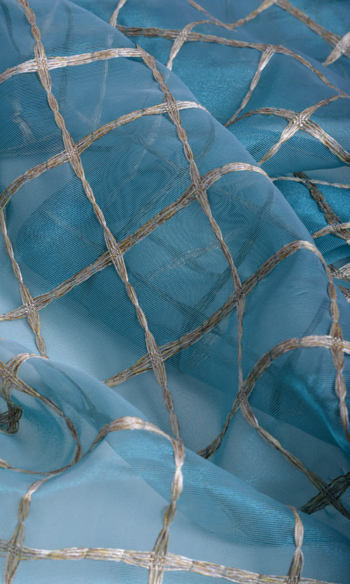 Embroidered Check Sheer Pinch Pleat, Rod Pocket, Eyelet Curtains (Blue and Gold)