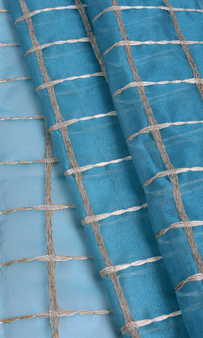 Embroidered Check Sheer Curtains / Drapes / Window Drapery Panels (Blue and Gold)
