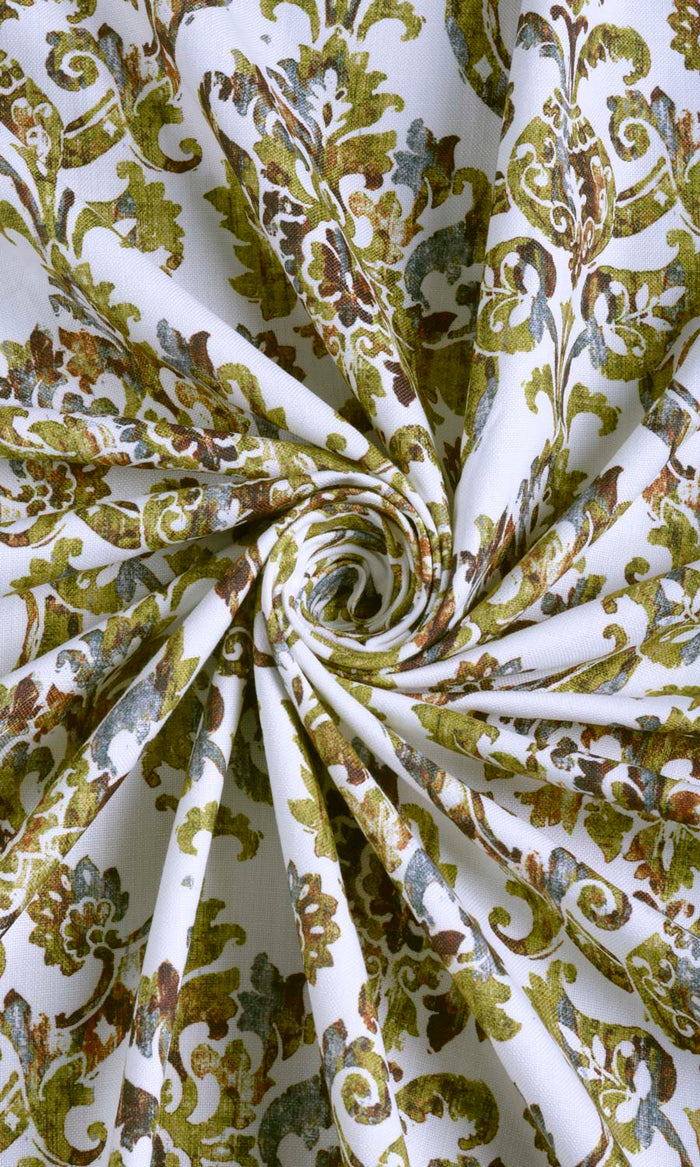 Damask Print Fabric By the Metre for Curtains & Drapes (Yellow/ Green/ Brown)