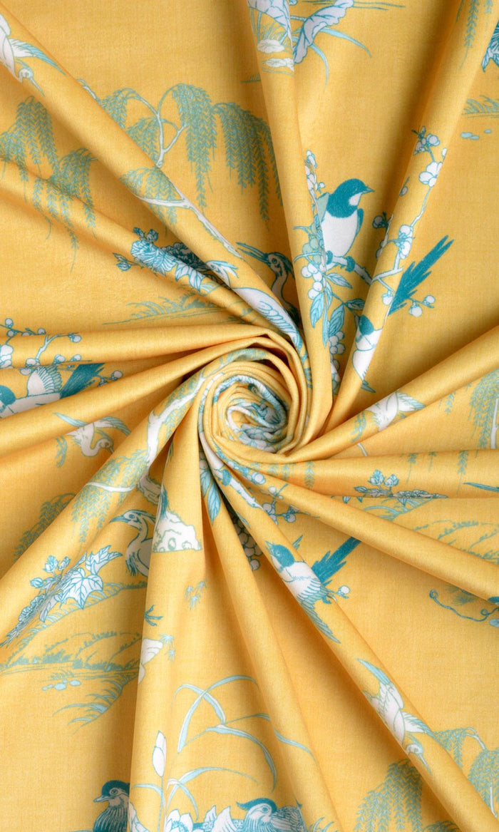 Chinoiserie Toile Velvet Fabric By the Metre for Curtains & Drapes (Yellow)