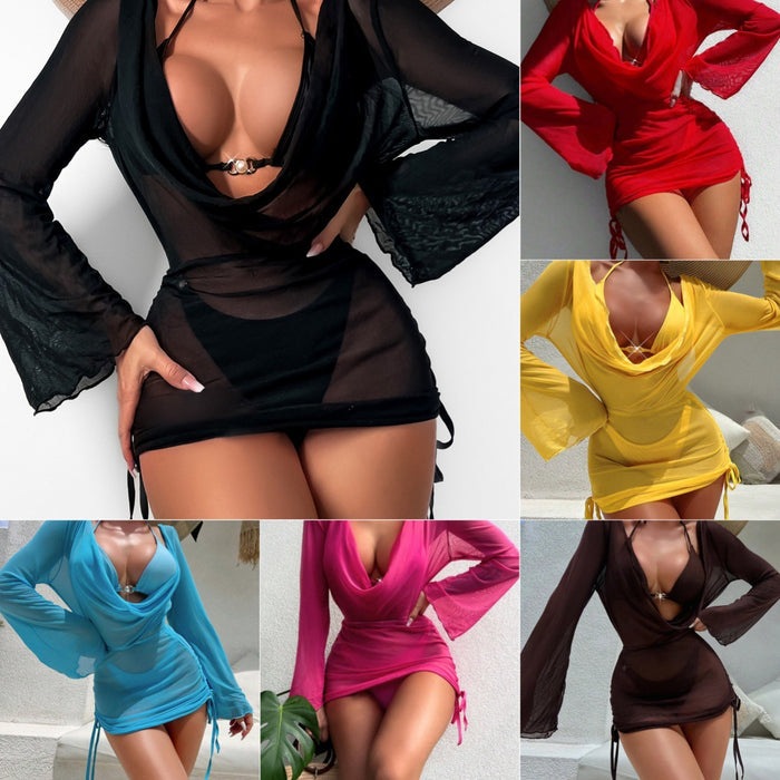 Sun-protective Swimsuit Womens Pearl Sexy Lace-up Long Shirt Two-piece Bikini Three-piece Set