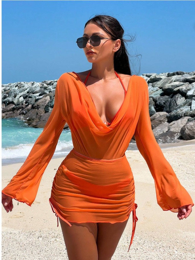 Sun-protective Swimsuit Womens Pearl Sexy Lace-up Long Shirt Two-piece Bikini Three-piece Set