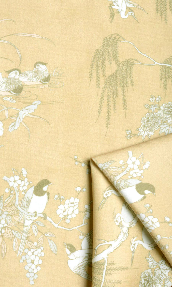 Chinoiserie Toile Velvet Fabric Material By the Metre (Yellow)