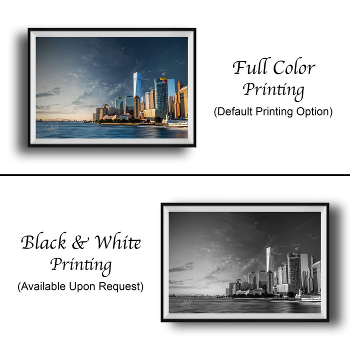 The image is a collage of two framed pictures. The top picture is a full color print of a city skyline, while the bottom picture is a black and white print of the same city skyline. Both pictures are framed and available upon request.