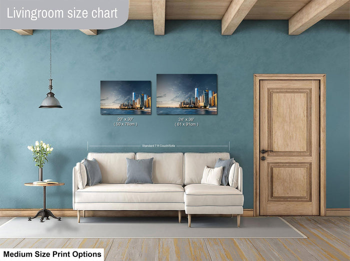 a living room with a white sofa, a wooden door, and a painting of a city skyline on the wall.