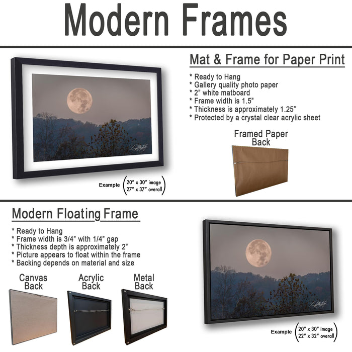 The image is a collage of three framed pictures, each with a different frame and backing material. The first frame is a mat and frame for a paper print, the second frame is a modern floating frame, and the third frame is a mat and frame for a paper print.