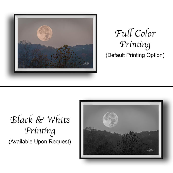 The image is a collage of two framed photographs depicting a full moon over a forested landscape. The black and white version of the photograph is available upon request, while the full color version is the default printing option.