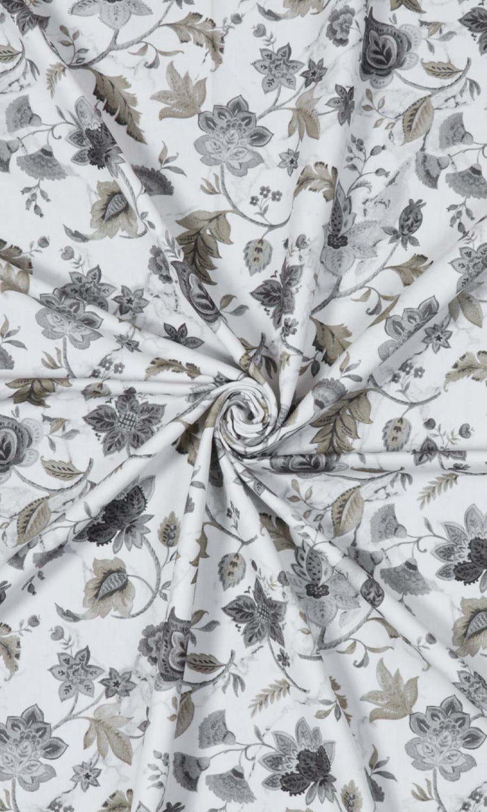Floral Cotton Fabric Material By the Metre (White/ Grey/ Beige)